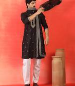Cotton silk yoke design embroidered black kurta set with dupatta