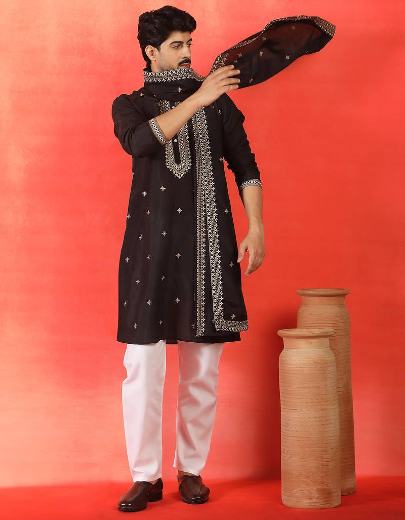 Cotton silk yoke design embroidered black kurta set with dupatta