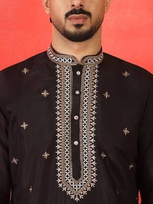 Cotton silk yoke design embroidered black kurta set with dupatta 2