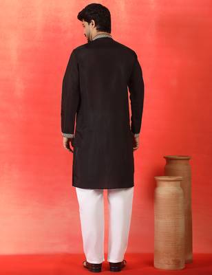 Cotton silk yoke design embroidered black kurta set with dupatta 3