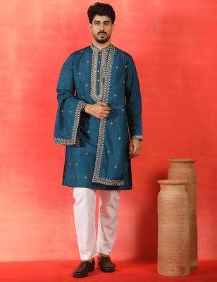 Cotton silk yoke design embroidered blue kurta set with dupatta 1