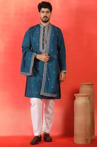 Cotton silk yoke design embroidered blue kurta set with dupatta