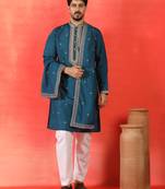 Cotton silk yoke design embroidered blue kurta set with dupatta