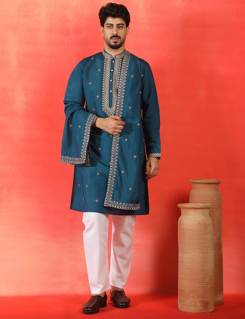Cotton silk yoke design embroidered blue kurta set with dupatta