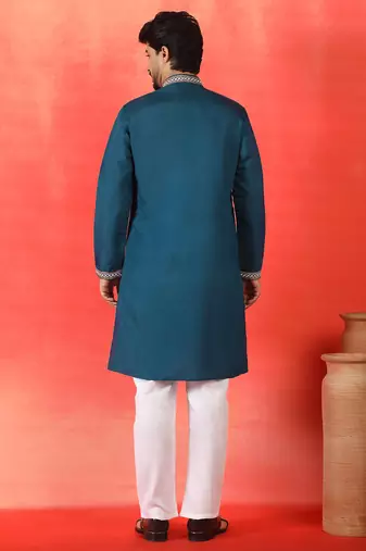 Cotton silk yoke design embroidered blue kurta set with dupatta