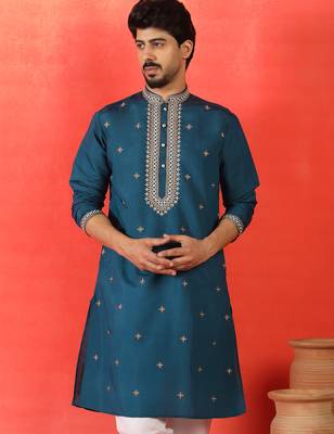 Cotton silk yoke design embroidered blue kurta set with dupatta 5