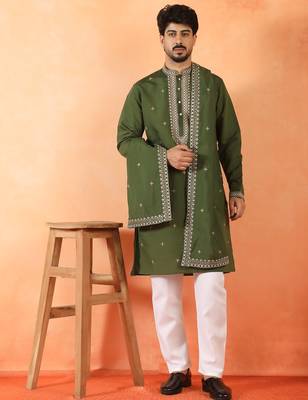 Cotton silk yoke design embroidered green kurta set with dupatta 1