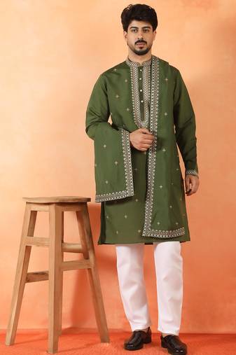 Cotton silk yoke design embroidered green kurta set with dupatta
