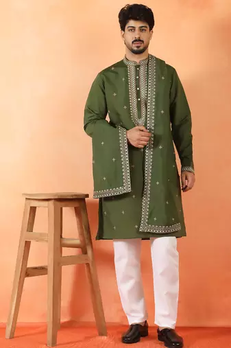 Cotton silk yoke design embroidered green kurta set with dupatta