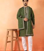 Cotton silk yoke design embroidered green kurta set with dupatta