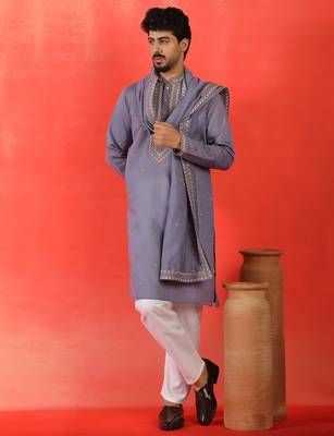 Cotton silk yoke design embroidered purple kurta set with dupatta 1