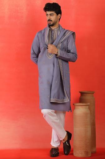 Cotton silk yoke design embroidered purple kurta set with dupatta