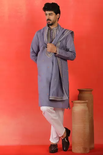 Cotton silk yoke design embroidered purple kurta set with dupatta