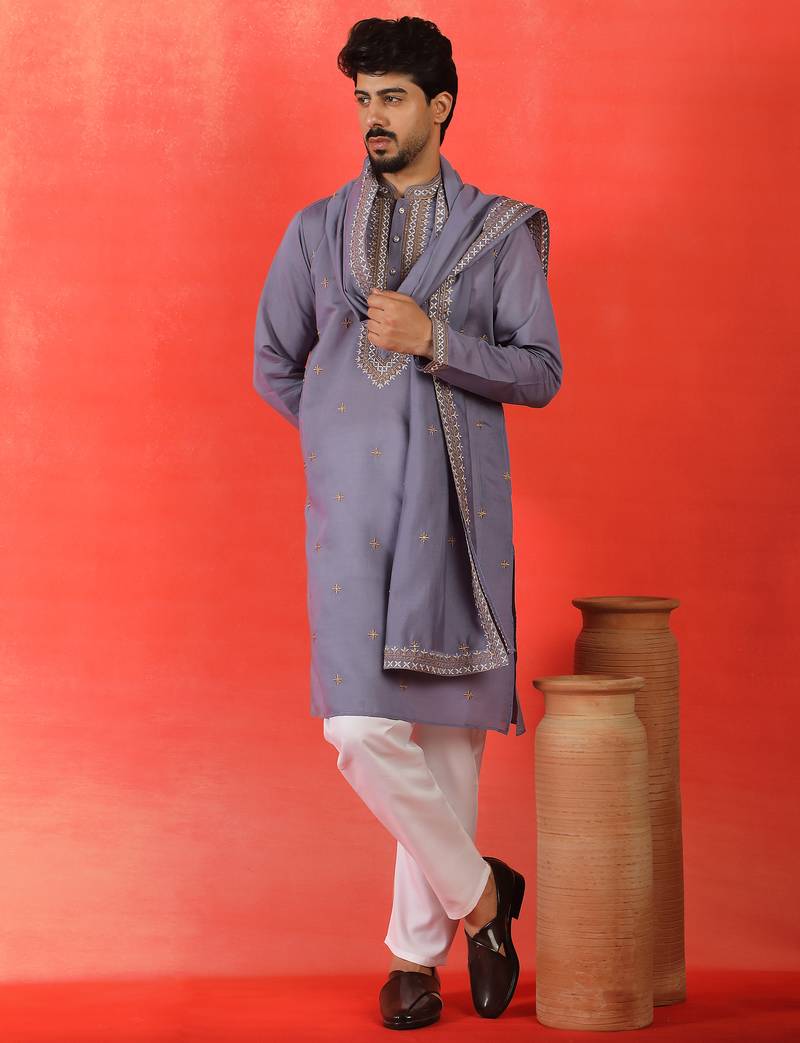 Cotton silk yoke design embroidered purple kurta set with dupatta