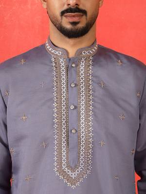 Cotton silk yoke design embroidered purple kurta set with dupatta 2