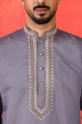 Cotton silk yoke design embroidered purple kurta set with dupatta