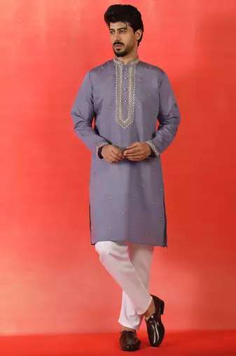 Cotton silk yoke design embroidered purple kurta set with dupatta
