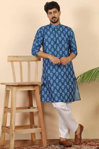 Ethnic motifs jaipuri printed 100% cotton blue kurta with pyjamas