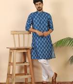Ethnic motifs jaipuri printed 100% cotton blue kurta with pyjamas
