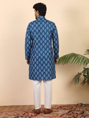 Ethnic motifs jaipuri printed 100% cotton blue kurta with pyjamas 3