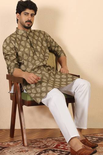 Ethnic motifs jaipuri printed 100% cotton brown kurta with pyjamas