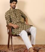 Ethnic motifs jaipuri printed 100% cotton brown kurta with pyjamas
