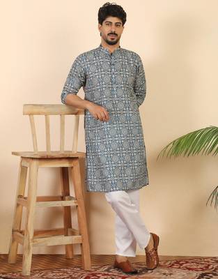 Ethnic motifs jaipuri printed 100% cotton blue kurta with pyjamas 1