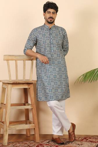 Ethnic motifs jaipuri printed 100% cotton blue kurta with pyjamas