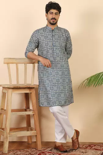 Ethnic motifs jaipuri printed 100% cotton blue kurta with pyjamas