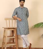 Ethnic motifs jaipuri printed 100% cotton blue kurta with pyjamas