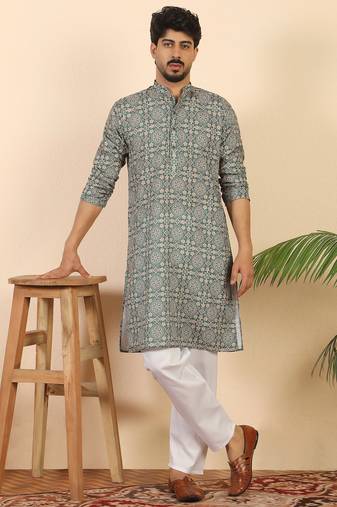 Ethnic motifs jaipuri printed 100% cotton green kurta with pyjamas