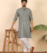 Ethnic motifs jaipuri printed 100% cotton green kurta with pyjamas