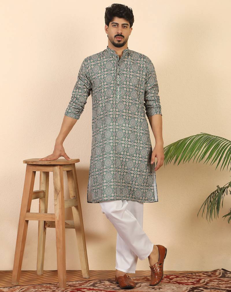 Ethnic motifs jaipuri printed 100% cotton green kurta with pyjamas