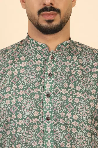Ethnic motifs jaipuri printed 100% cotton green kurta with pyjamas