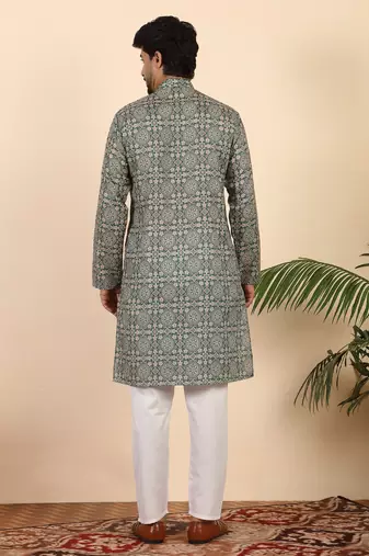 Ethnic motifs jaipuri printed 100% cotton green kurta with pyjamas