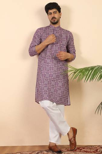 Ethnic motifs jaipuri printed 100% cotton purple kurta with pyjamas