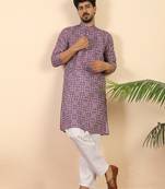 Ethnic motifs jaipuri printed 100% cotton purple kurta with pyjamas