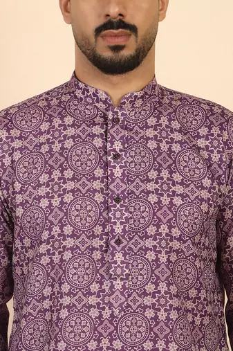 Ethnic motifs jaipuri printed 100% cotton purple kurta with pyjamas