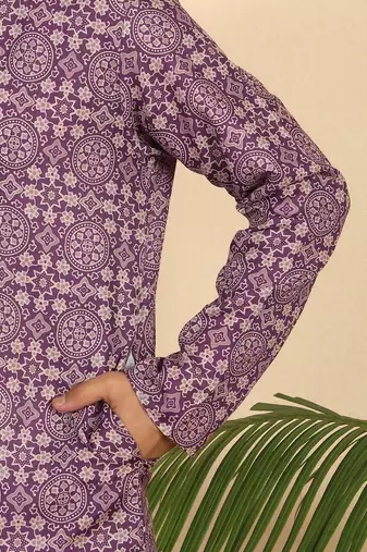 Ethnic motifs jaipuri printed 100% cotton purple kurta with pyjamas