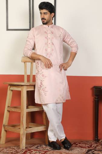 Cotton silk embroidered floral pink kurta with pyjamas