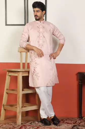 Cotton silk embroidered floral pink kurta with pyjamas