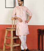 Cotton silk embroidered floral pink kurta with pyjamas