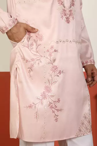Cotton silk embroidered floral pink kurta with pyjamas