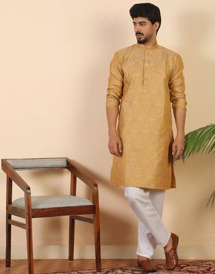 Ethinic motifs jacquard  beige festive kurta with pyjamas 1