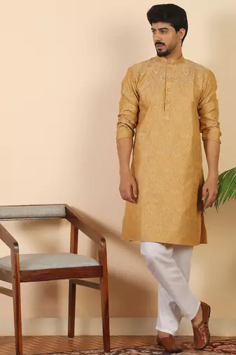 Ethinic motifs jacquard  beige festive kurta with pyjamas
