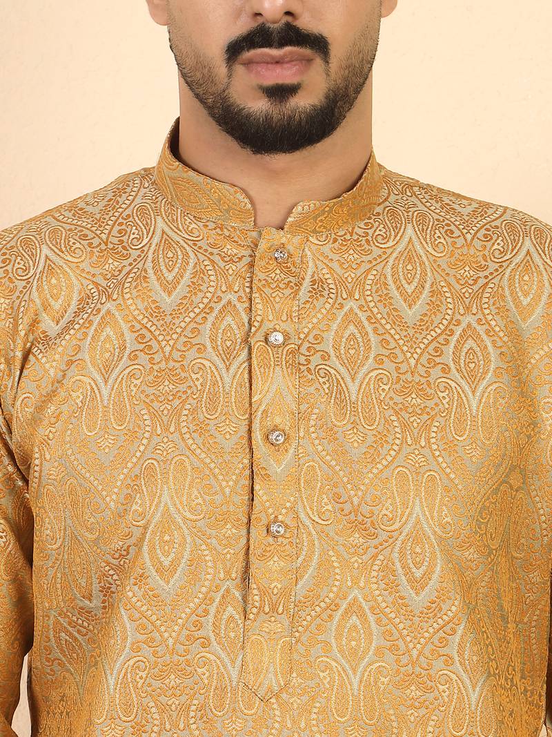 Ethinic motifs jacquard  beige festive kurta with pyjamas