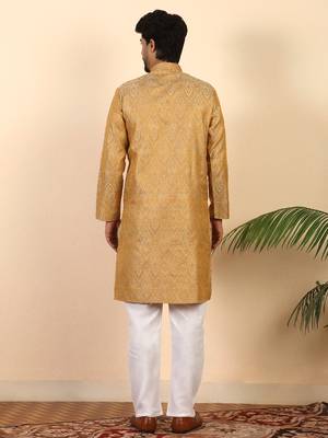 Ethinic motifs jacquard  beige festive kurta with pyjamas 3