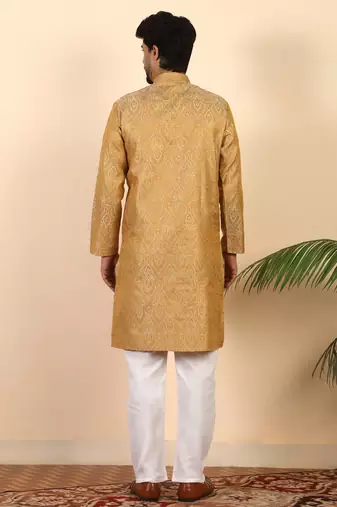 Ethinic motifs jacquard  beige festive kurta with pyjamas