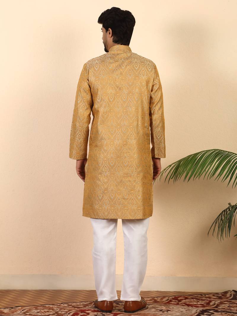 Ethinic motifs jacquard  beige festive kurta with pyjamas