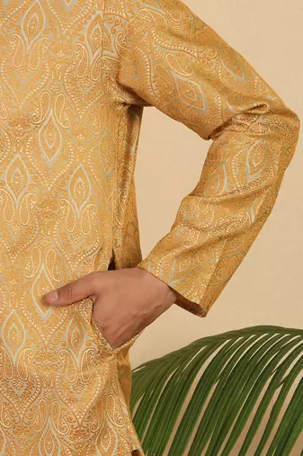 Ethinic motifs jacquard  beige festive kurta with pyjamas